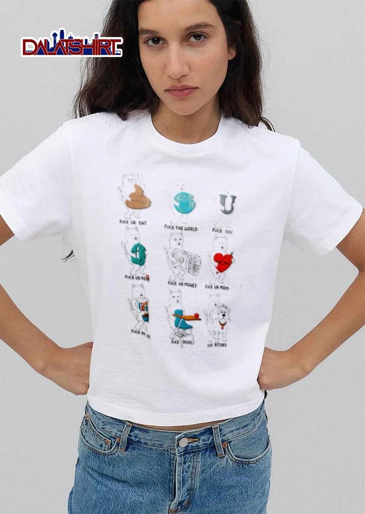 Ripndip Fuck Your Shit The World You My Life Skool Bitches Cartoon White Cat Grid shirt