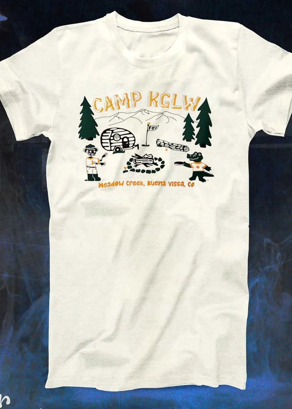 Meadow Creek Buena Vista CO Camp KGLW Skeleton Gator Camping Disc Golf T-Shirt