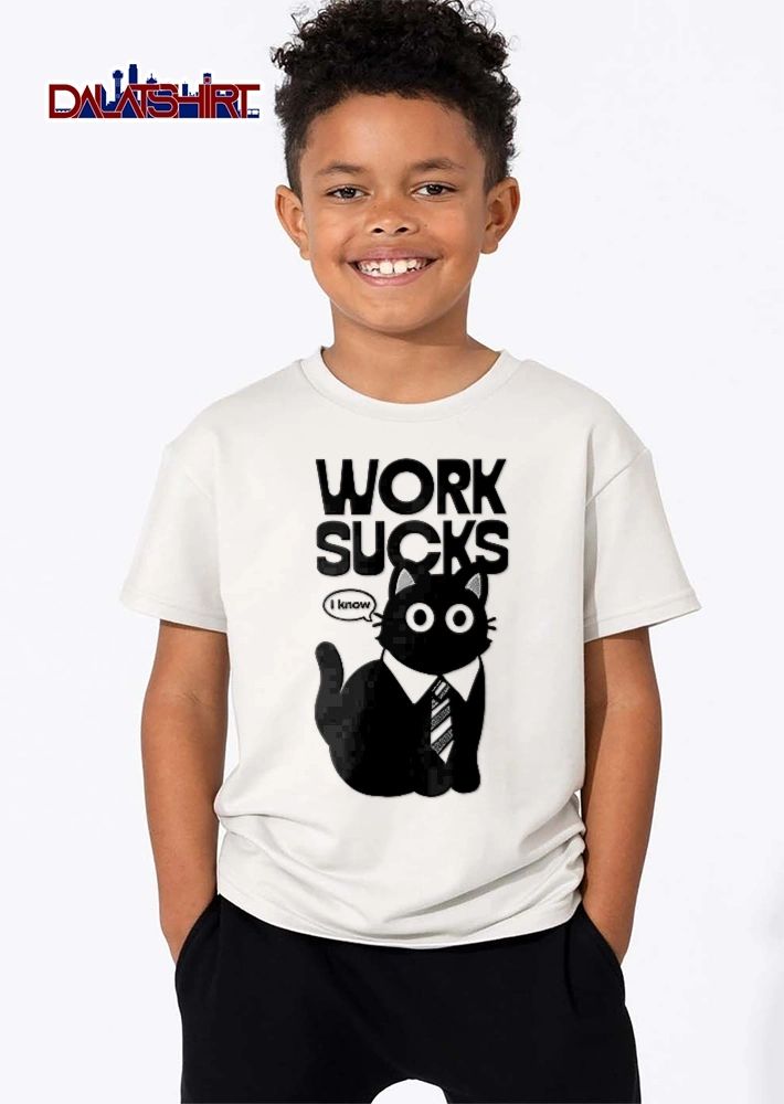Work Sucks I Know Cartoon Black Cat shirt