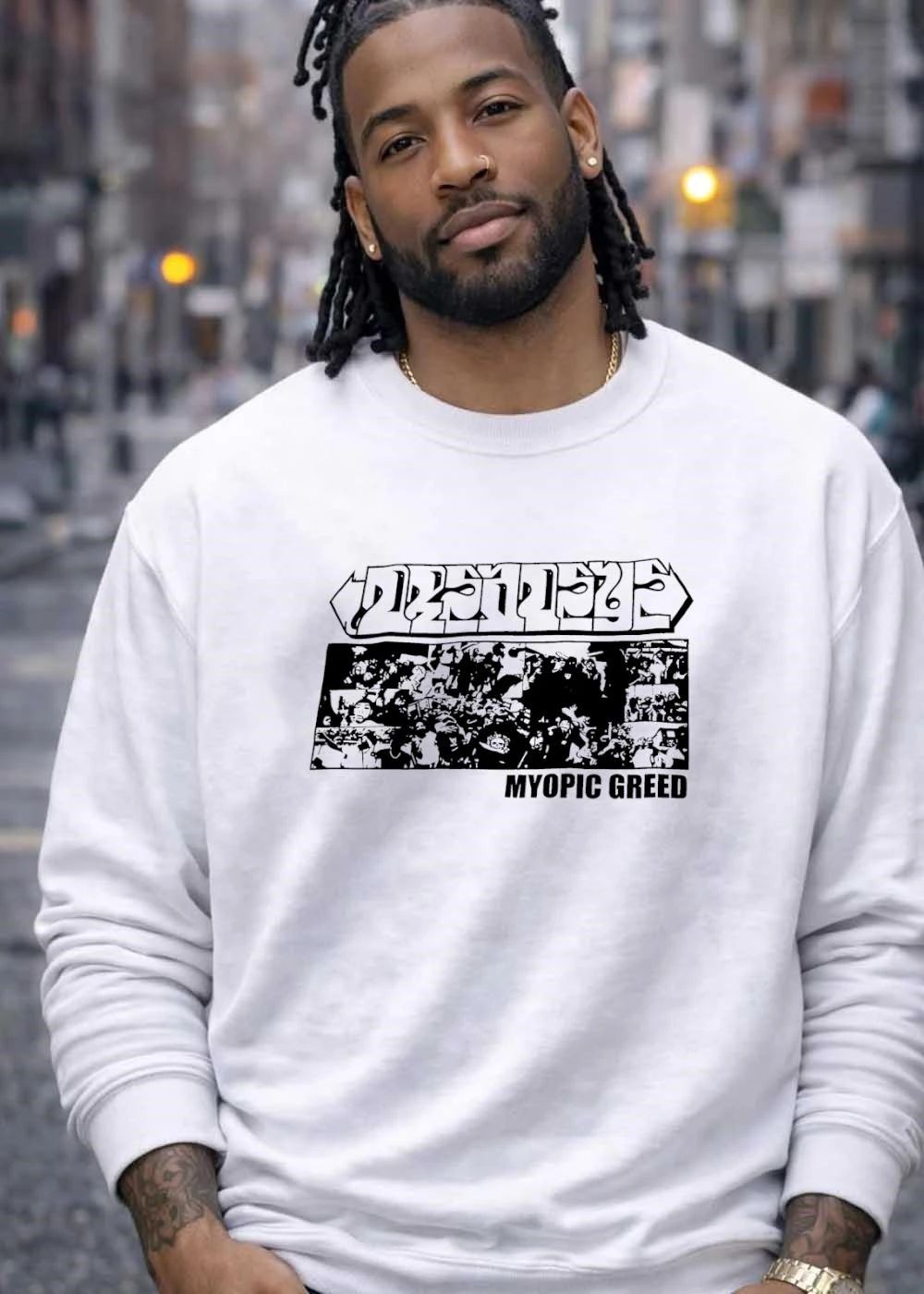 Myopic Greed Dmsseye Collage Black and White Graphic T-Shirt