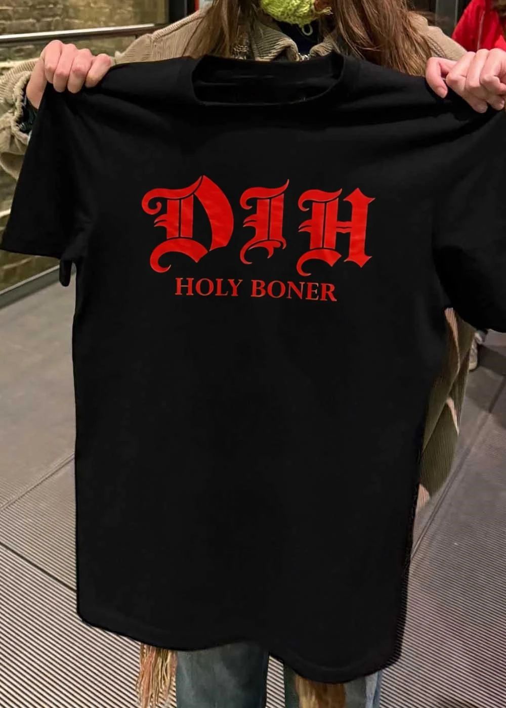 Dih Holy Boner Red Gothic Blackletter Font Textured Lettering shirt
