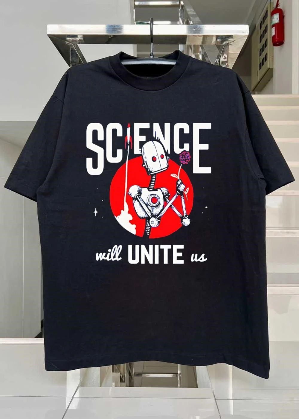 Science Will Unite Us Robot Holding Flower Rocket Space Graphic shirt