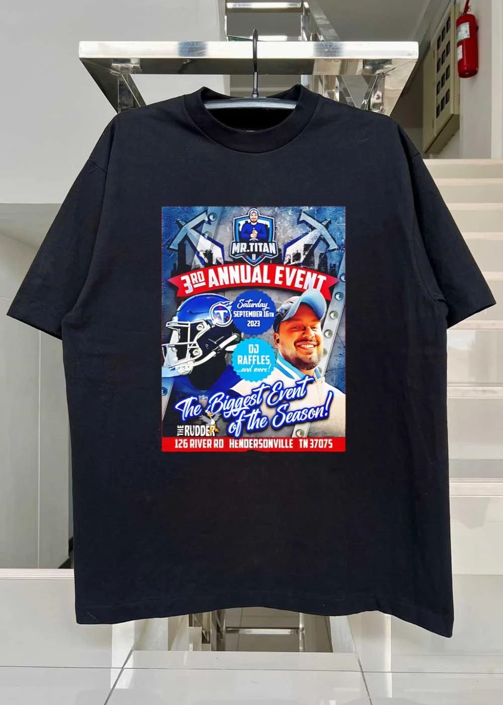 Mr Titan 3rd Annual Event Saturday September 16th 2023 DJ Raffles Titans shirt