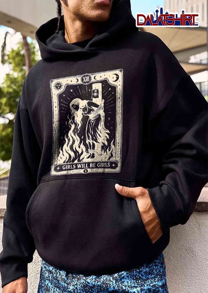 Girls Will Be Woman Tied Stake Lighting Cigarette Flame Tarot Card Line Art shirt