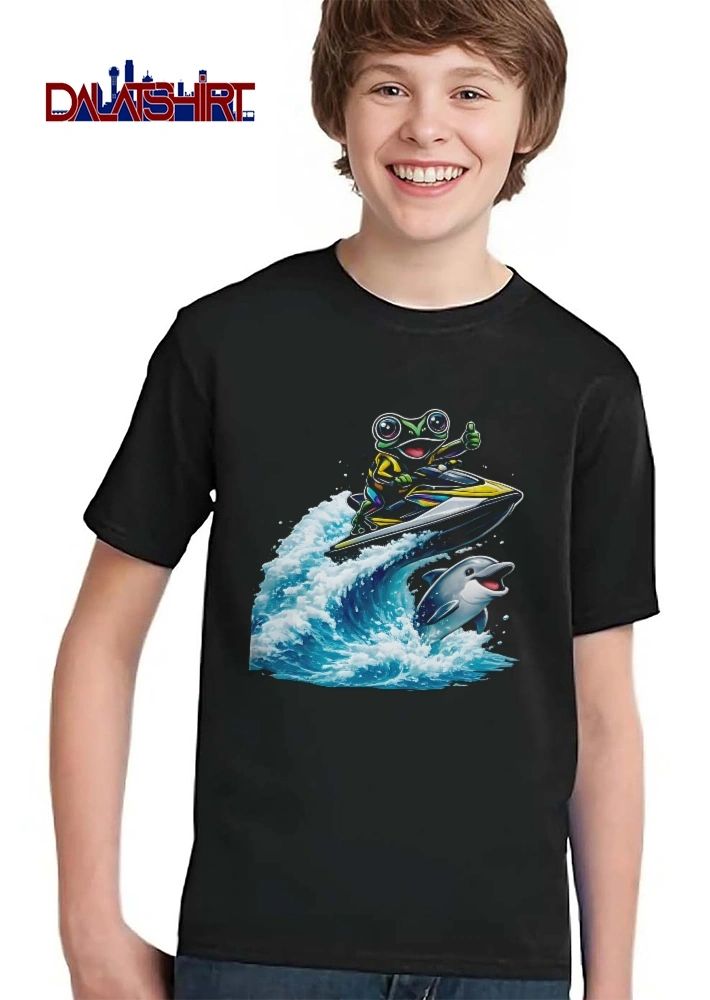 Cartoon Green Frog Giving Thumbs Up Riding Jet Ski Ocean Wave Dolphin shirt