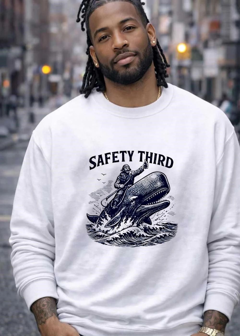 Safety Third’ Sailor Riding a Whale shirt