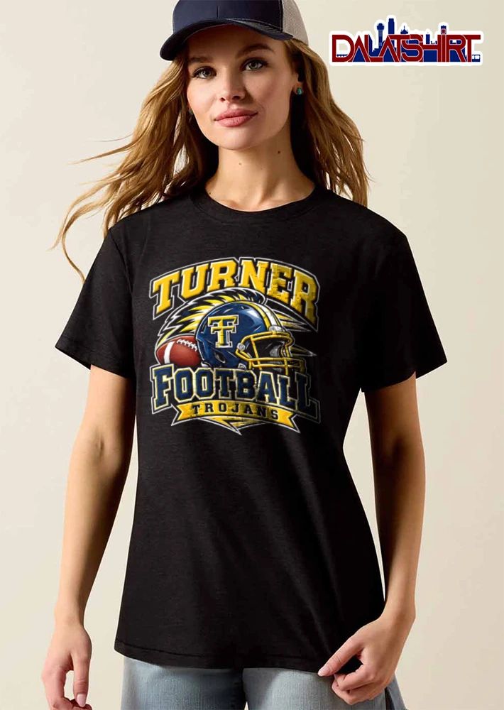 Turner Trojans Football Blue Yellow Helmet Plume Brown Pigskin shirt