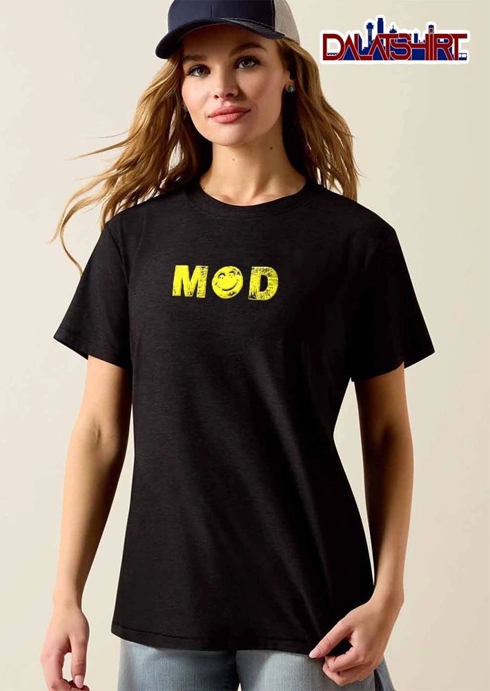 Mod Distressed Yellow Bold Letters Classic Smiley Face Icon shirt