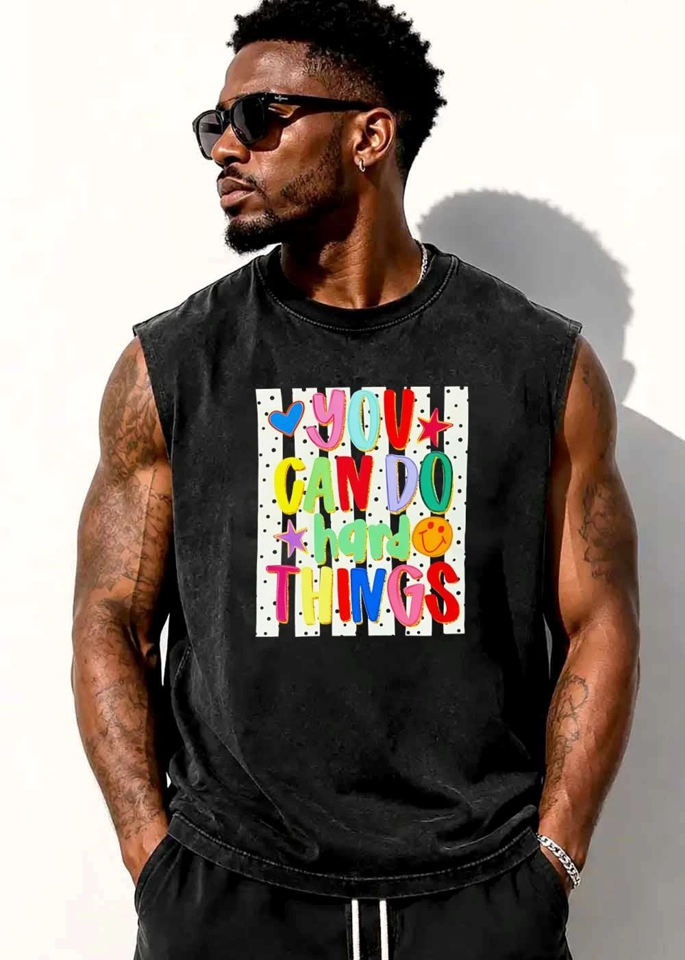 You Can Do Hard Things Colorful 3d Bubble Letters Striped Polka Dot Background Stars Smiley Face shirt