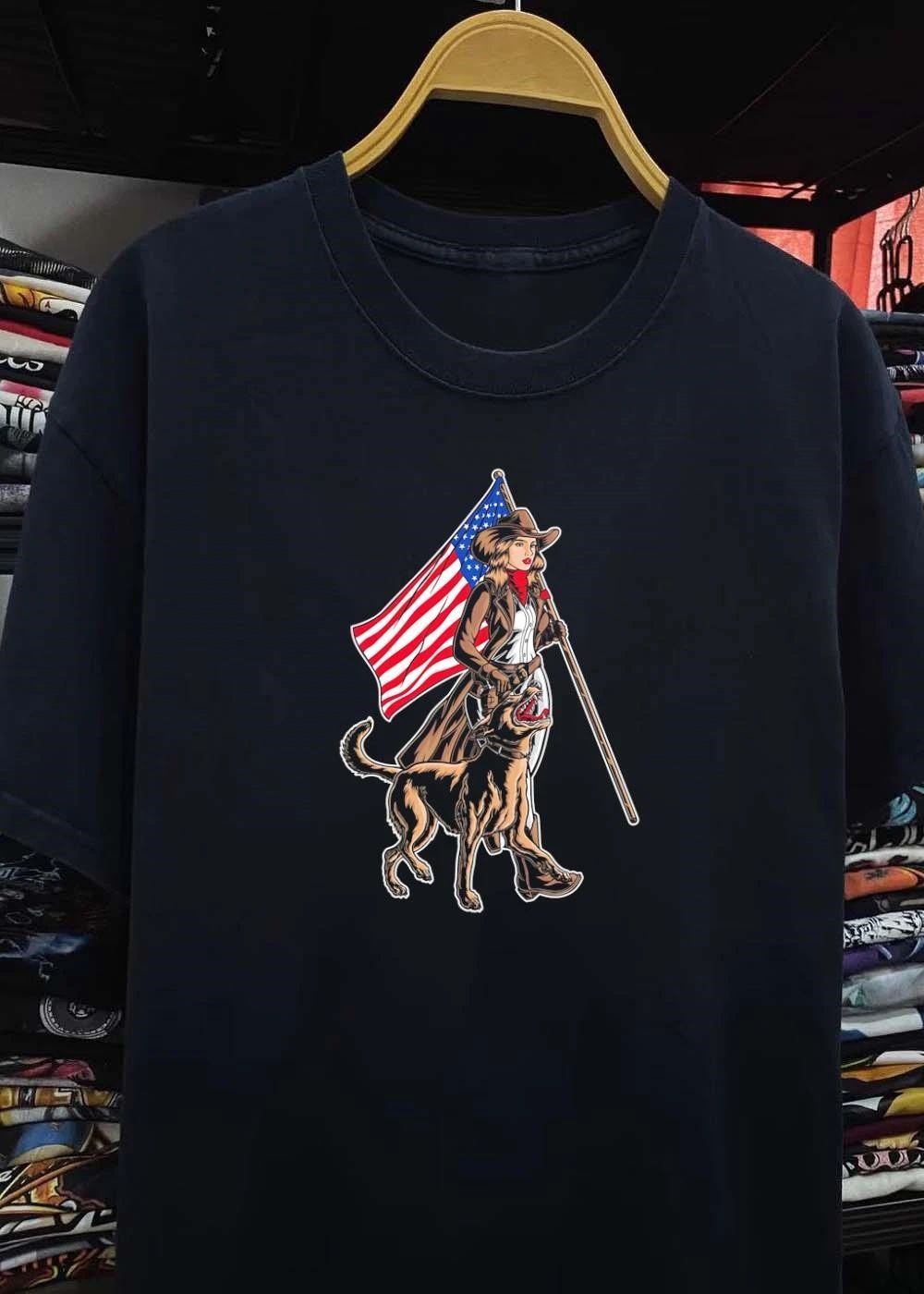 Patriotic Cowgirl and Loyal K9 Guardian Walking with the American Flag T-Shirt