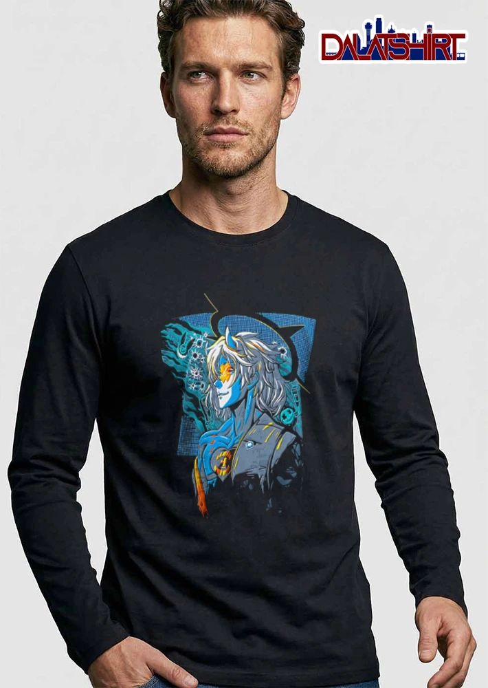 Anime Horned Male Portrait Spiked Halo Bullet Holes Halftone shirt