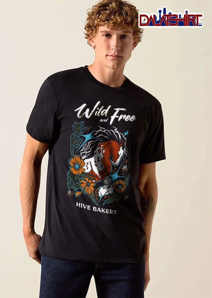 Hive Bakery Wild And Free Pinto Horse Flowing Mane Flowers Bees shirt