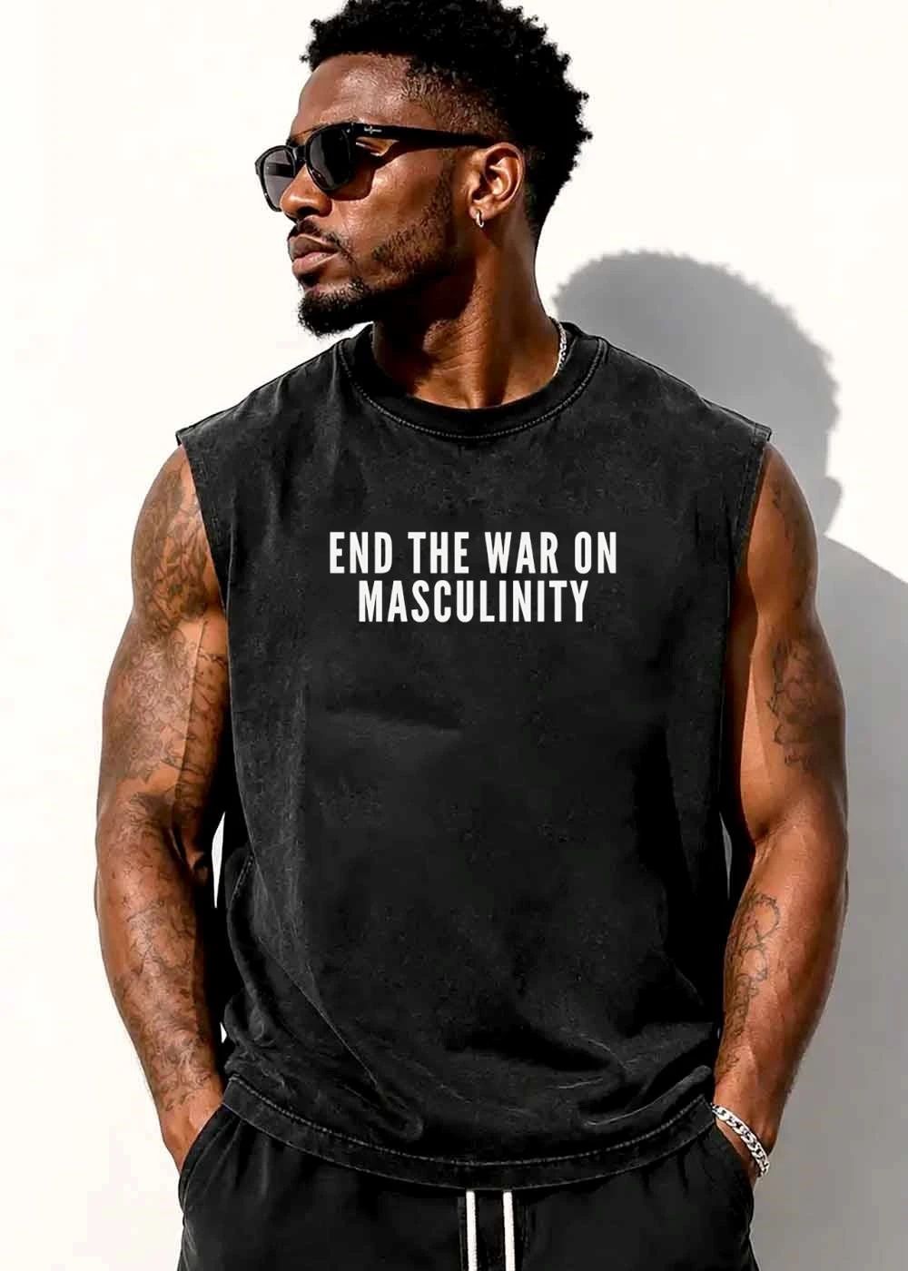 End The War On Masculinity White Bold Letters Black Background shirt