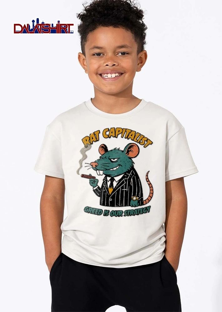 Rat Capitalist Greed Is Our Strategy Distressed Cartoon Rodent Pinstripe Suit Smoking Cigar shirt