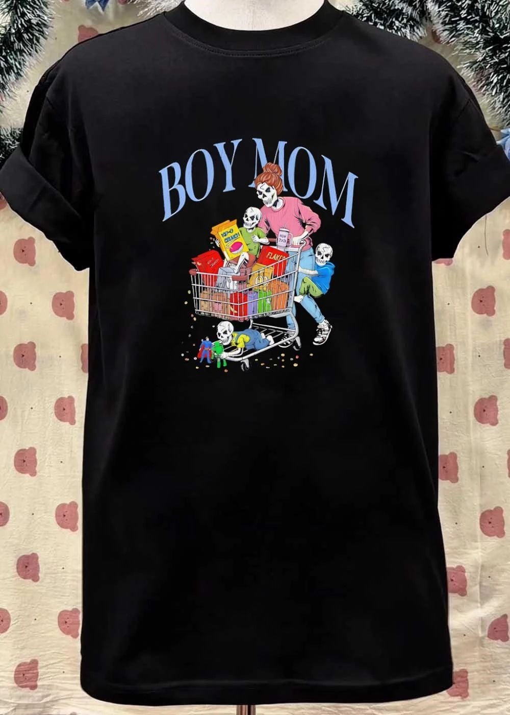 Skeleton Mom Pushing Shopping Cart with Kids Eating Cereal and Playing Boy Mom shirt