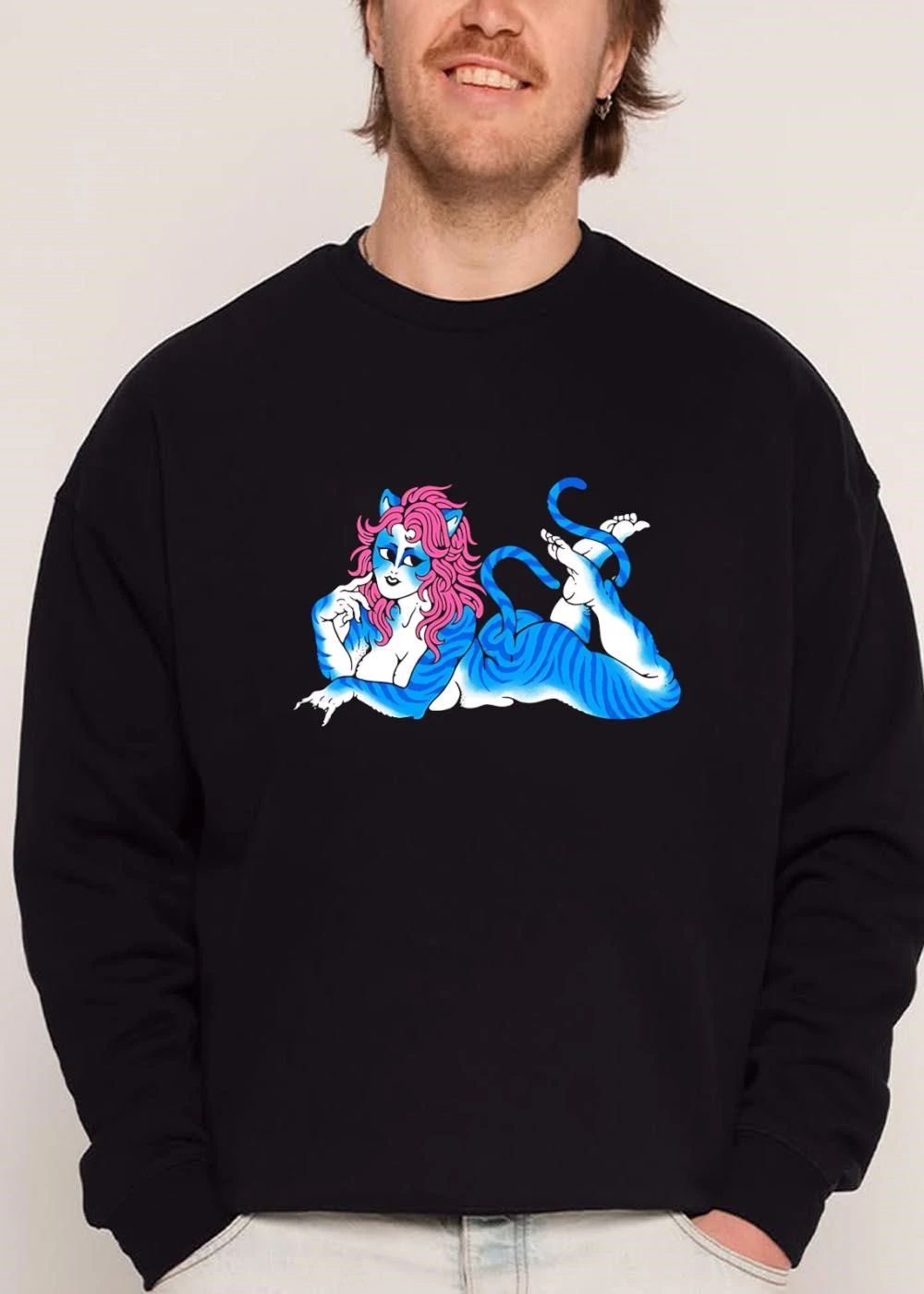 Cartoon Blue Tiger Striped Pinup Woman Pink Hair Lying Down shirt