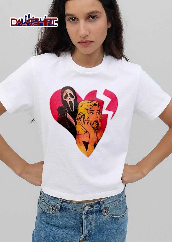 Vintage Retro Cartoon Blonde Woman Phone Ghostface Knife Broken Pink Heart shirt