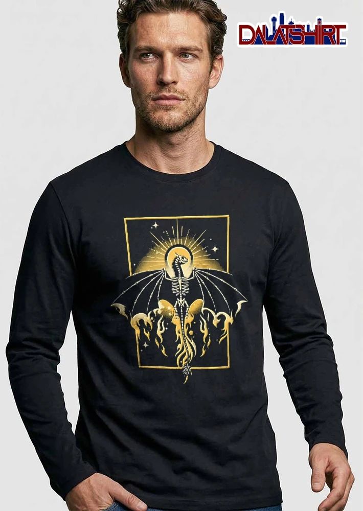 Celestial Gold Skeletal Dragon Spreading Wings Sunburst Halo Flames shirt