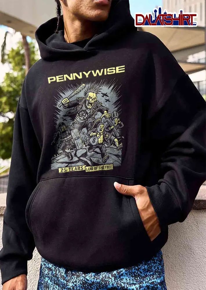 Pennywise 25 Years Land Of The Free Skeleton Mohawk Punk Spiked Bat Chasing Riot Cop Businessman Cartoon shirt