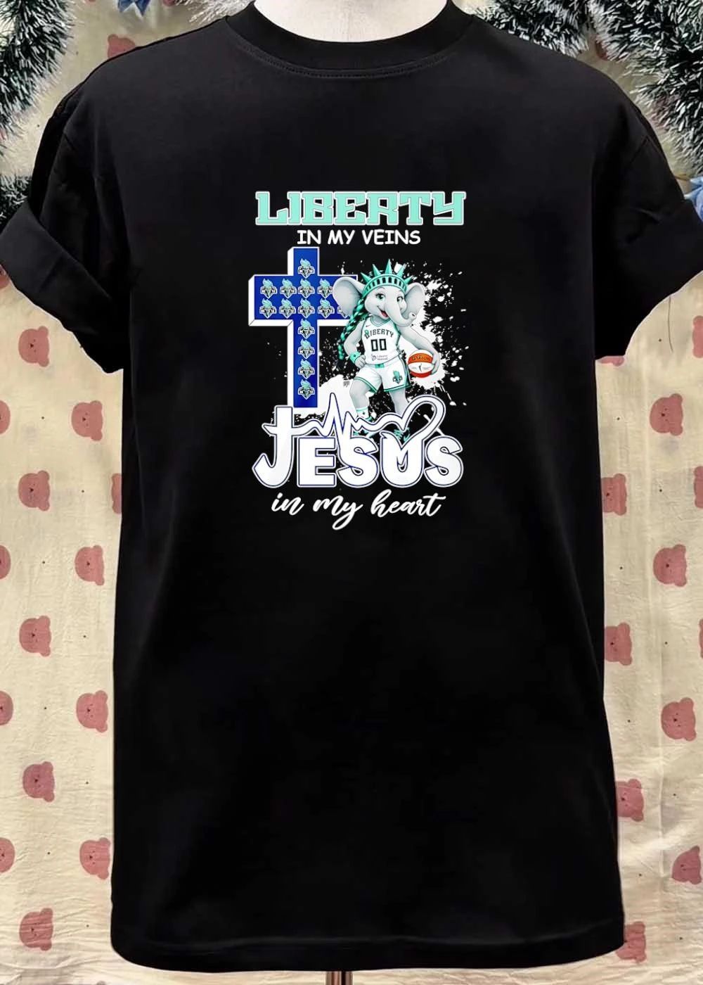 New York Liberty WNBA In My Veins Jesus Heart Cartoon Elephant Mascot Cross Heartbeat Line shirt
