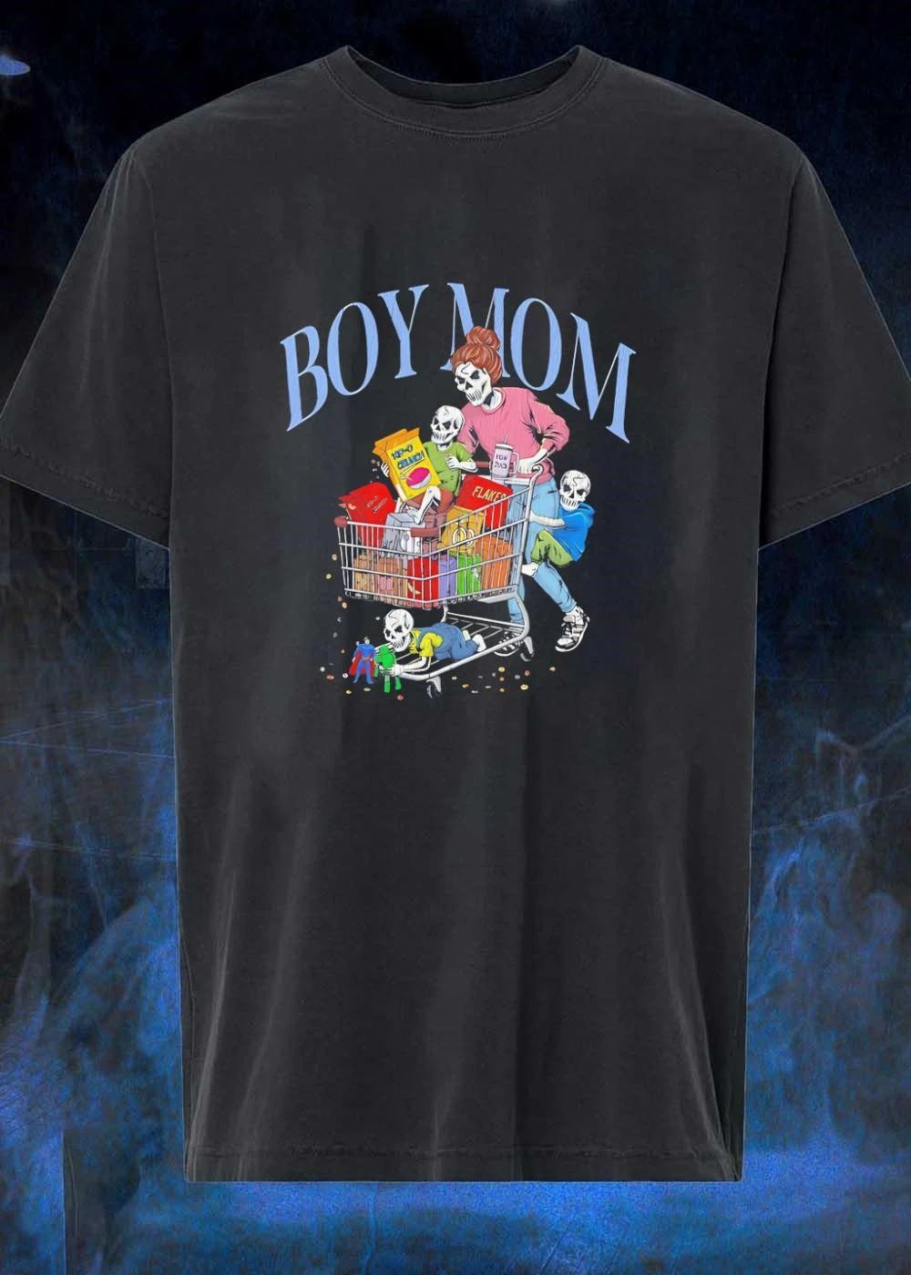 Skeleton Mom Pushing Shopping Cart with Kids Eating Cereal and Playing Boy Mom shirt