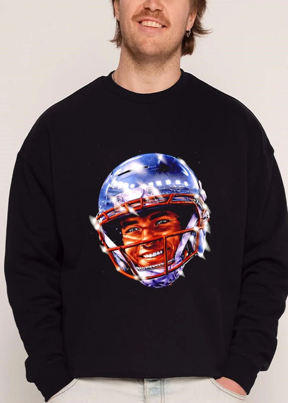 Smiling Football Player Glossy Metallic Helmet Stadium Lights shirt