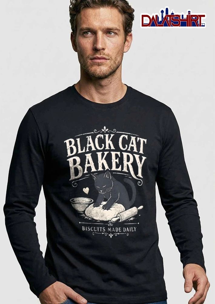 Black Cat Bakery Biscuits Made Daily Kneading Bread Dough Bowl Rolling Pin Vintage shirt