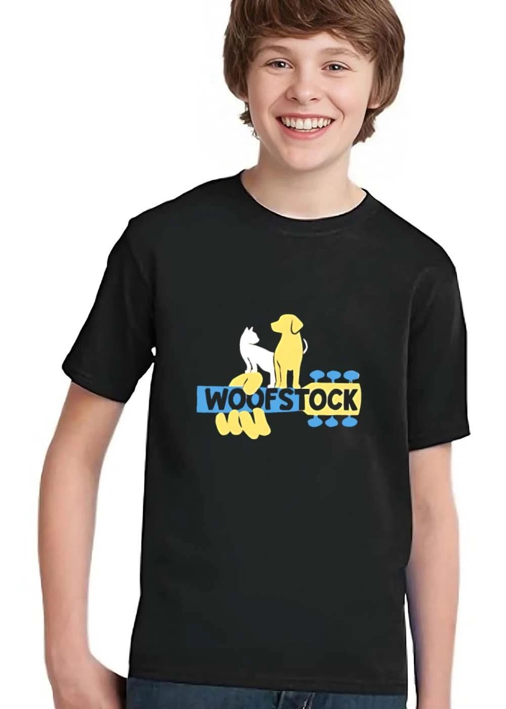 Woofstock White Cat Yellow Dog Standing On Guitar Neck Cartoon shirt