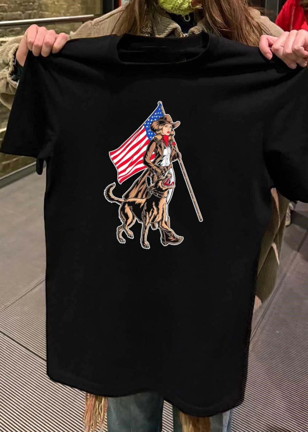 Patriotic Cowgirl and Loyal K9 Guardian Walking with the American Flag T-Shirt
