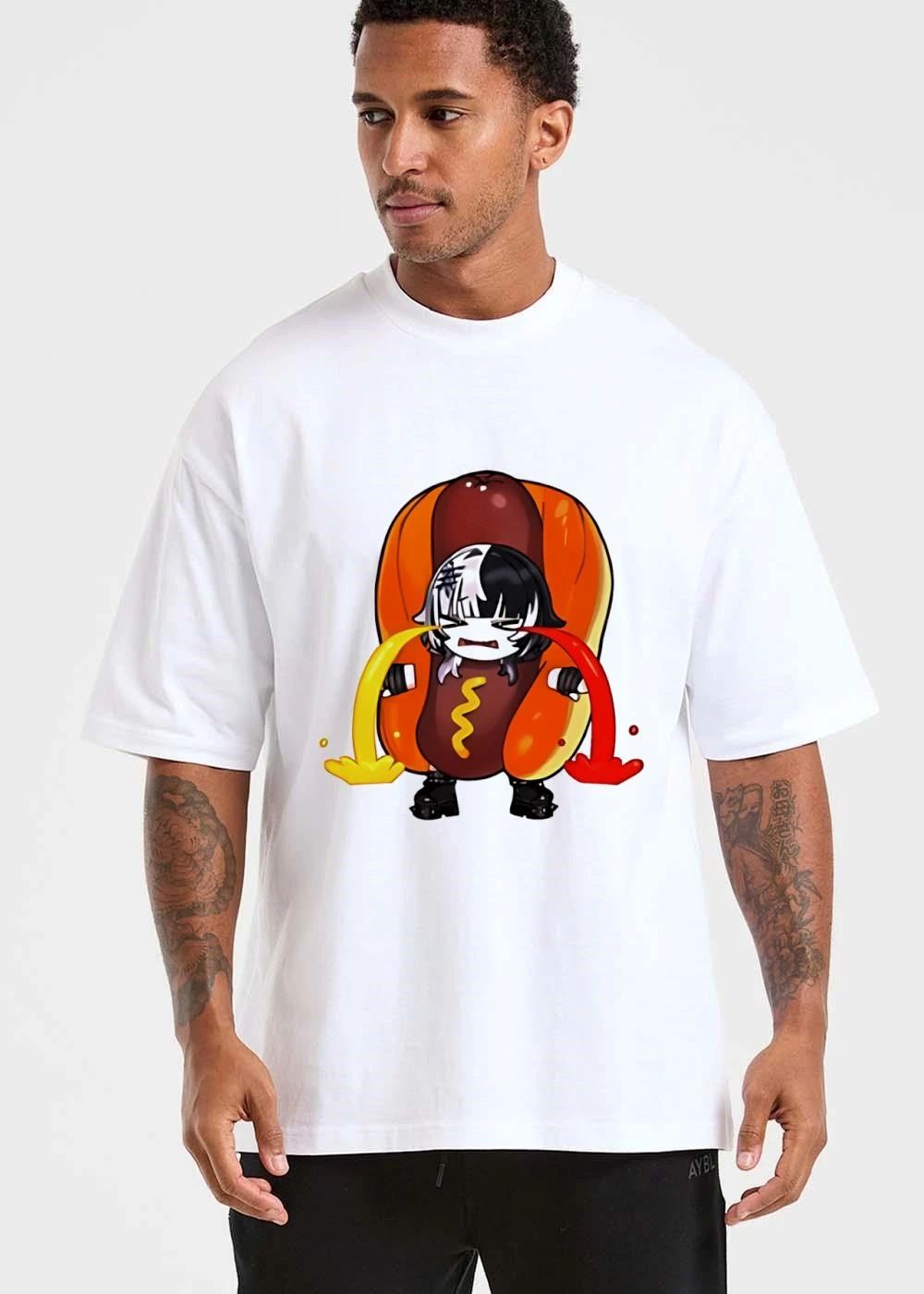 Chibi Anime Girl In Hot Dog Costume Crying Mustard And Ketchup Tears Cartoon Illustration shirt