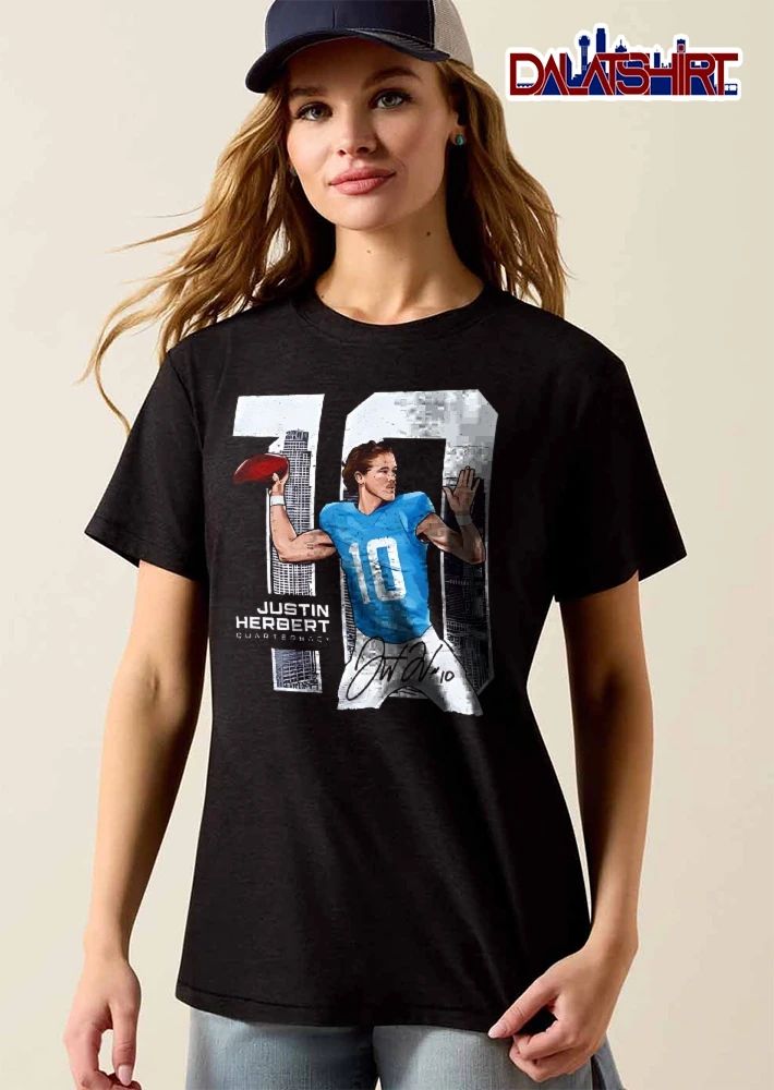 Justin Herbert Quarterback Throwing Football City Skyline Number 10 Signature shirt