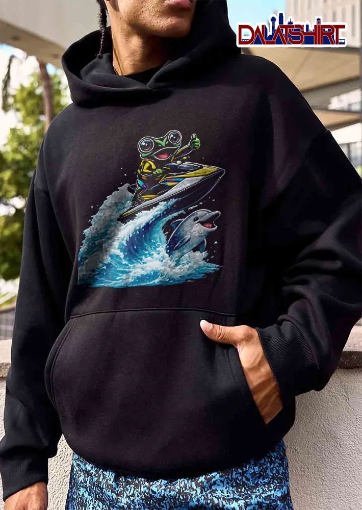 Cartoon Green Frog Giving Thumbs Up Riding Jet Ski Ocean Wave Dolphin shirt