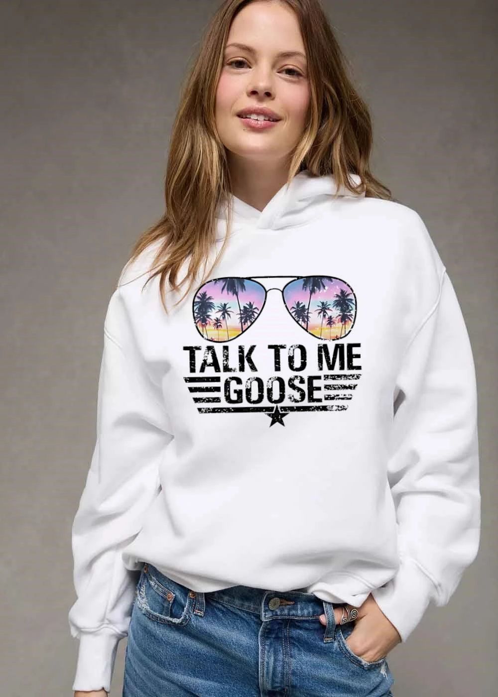 Talk To Me Goose Distressed Aviator Sunglasses Tropical Palm Trees Sunset Reflection Wings Star shirt