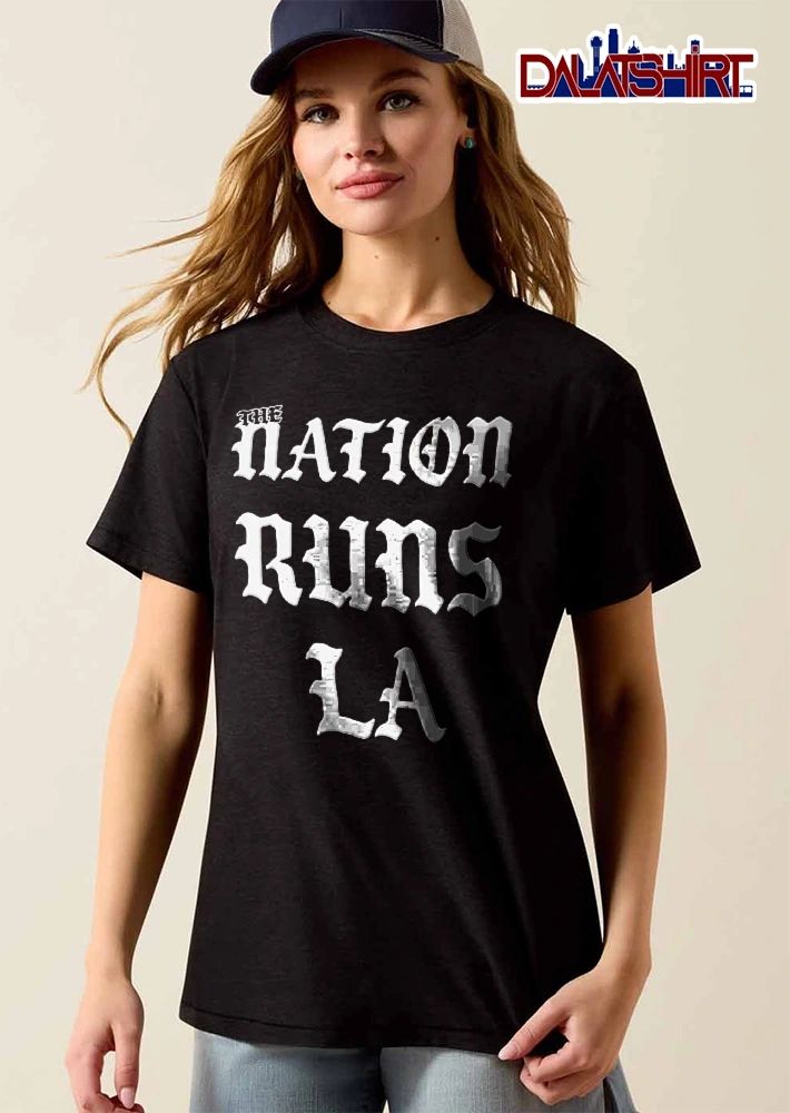 The Nation Runs LA White Old English Gothic Text Lettering shirt