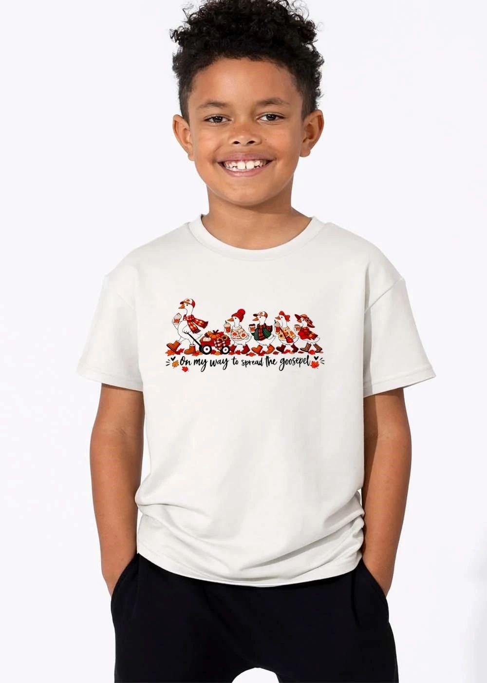 On My Way To Spread The Goosepel Cartoon Geese Autumn Clothes Red Wagon Pumpkins Coffee Leaves shirt