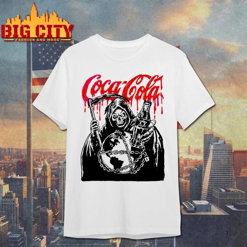 Grim Reaper Chained Globe Coca Cola Bottle Skeleton Horror Graphic Shirt