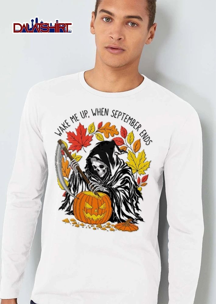 Wake Me Up When September Ends Grim Reaper Carving Jack O Lantern Autumn Leaves shirt