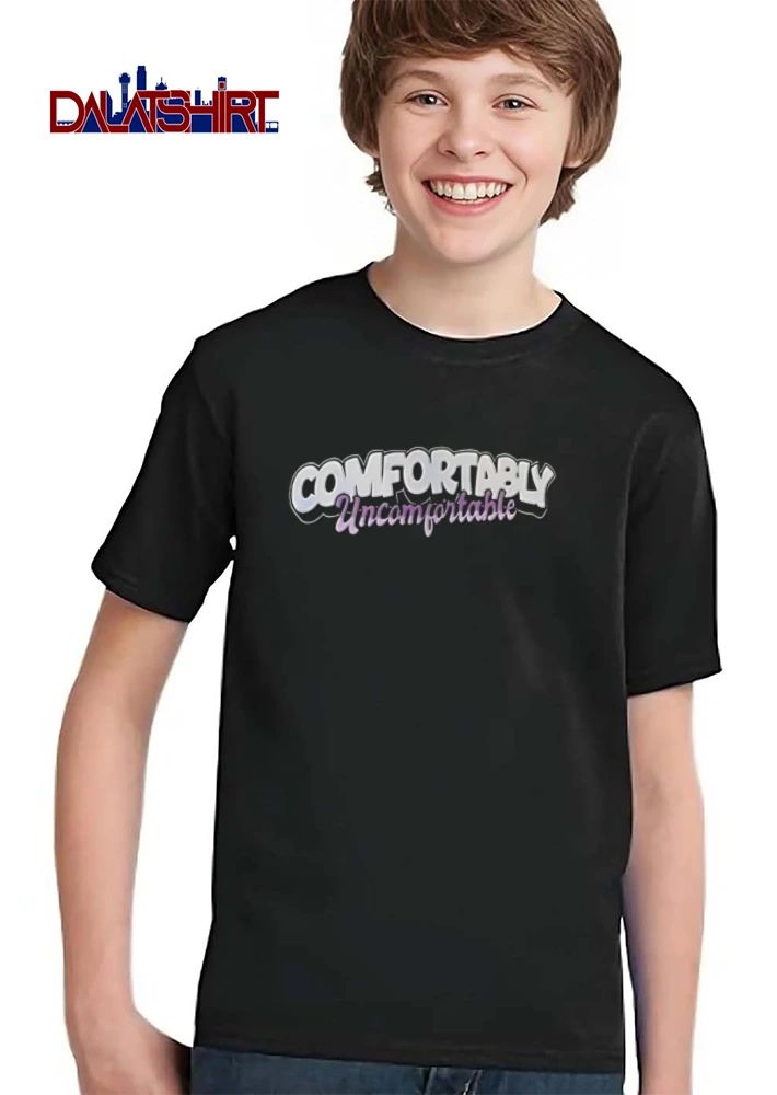 Comfortably Uncomfortable White Bubble Letters Purple Cursive Script shirt