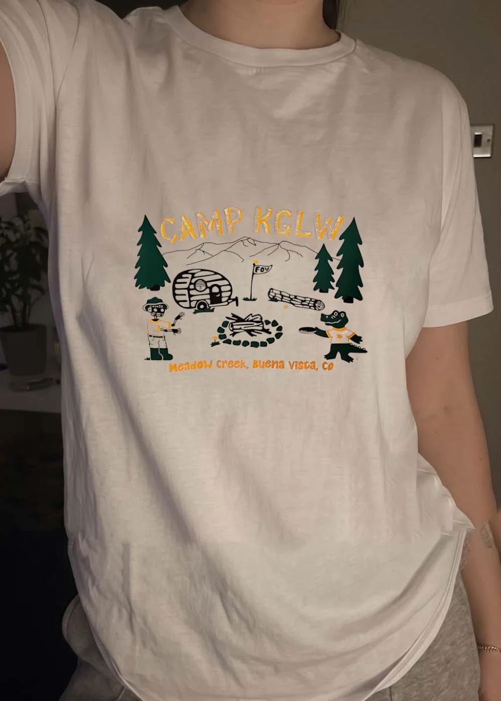 Meadow Creek Buena Vista CO Camp KGLW Skeleton Gator Camping Disc Golf T-Shirt
