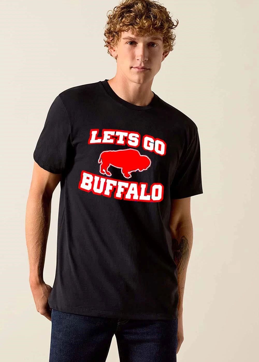 Lets Go Buffalo Red Standing Bison Silhouette White Outline shirt