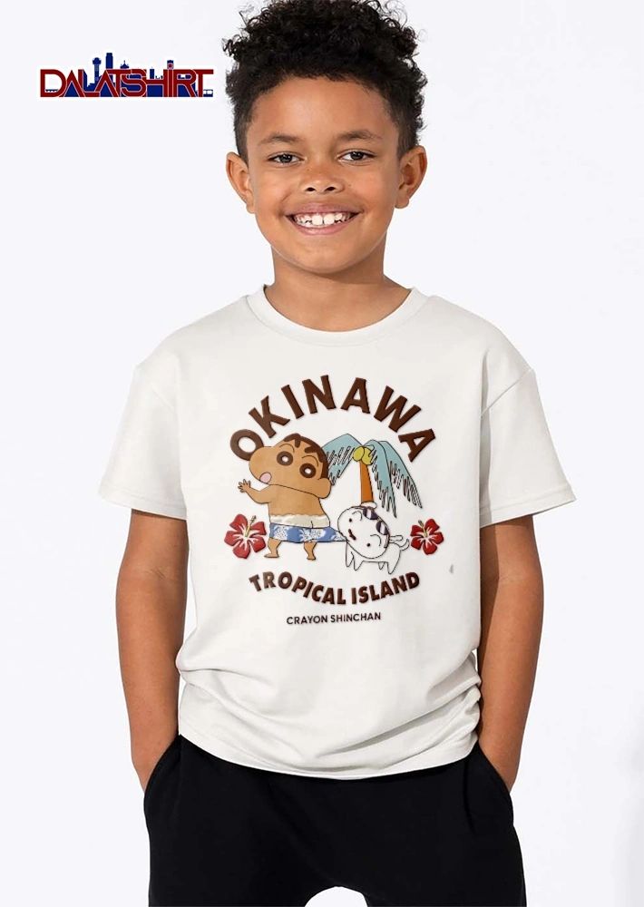 Crayon Shinchan Okinawa Tropical Island Shin Chan Shiro Cartoon Palm Tree Hibiscus Flowers shirt