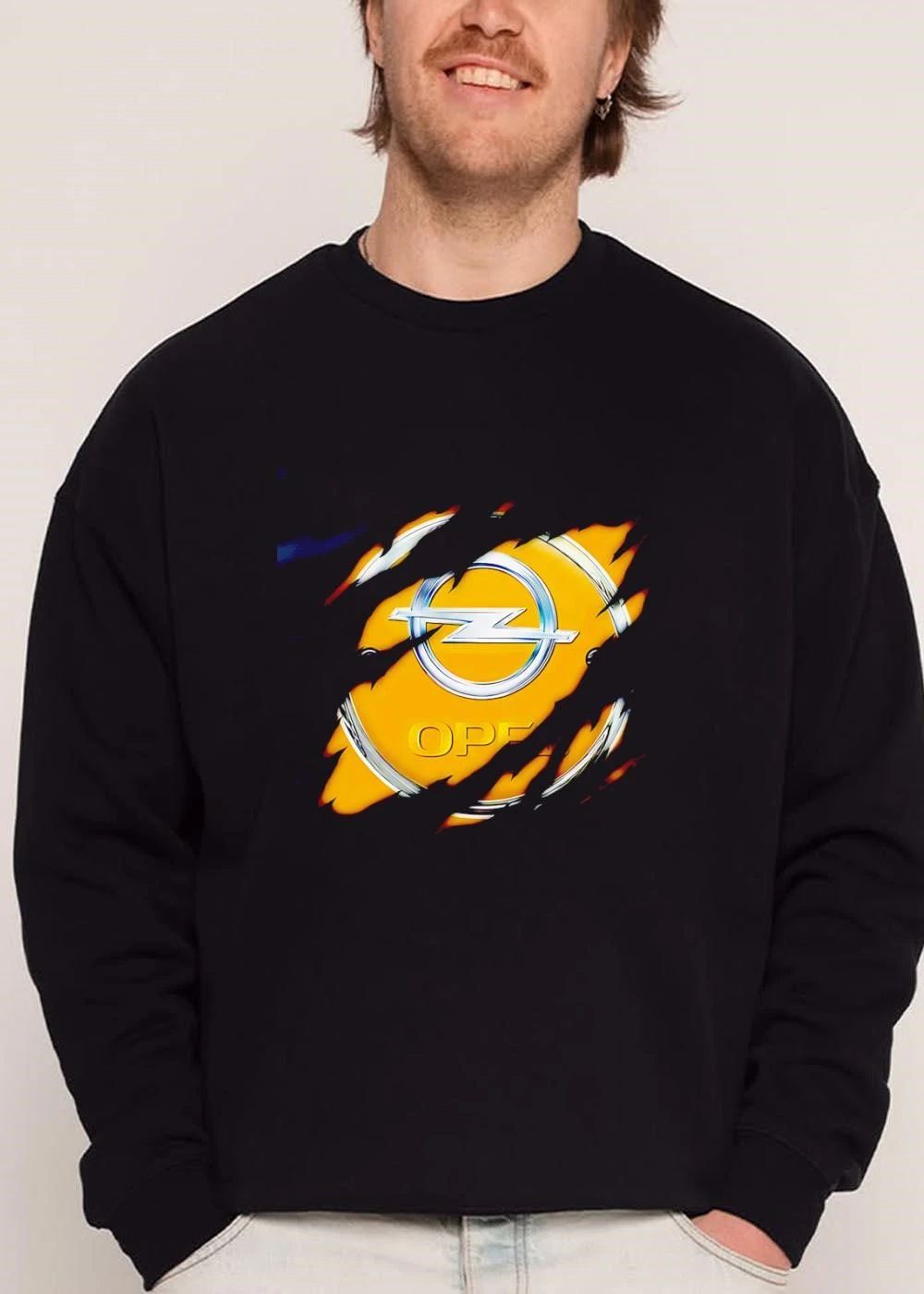Opel Metallic Logo Silver Lightning Bolt Ripped Torn Surface Yellow Background shirt