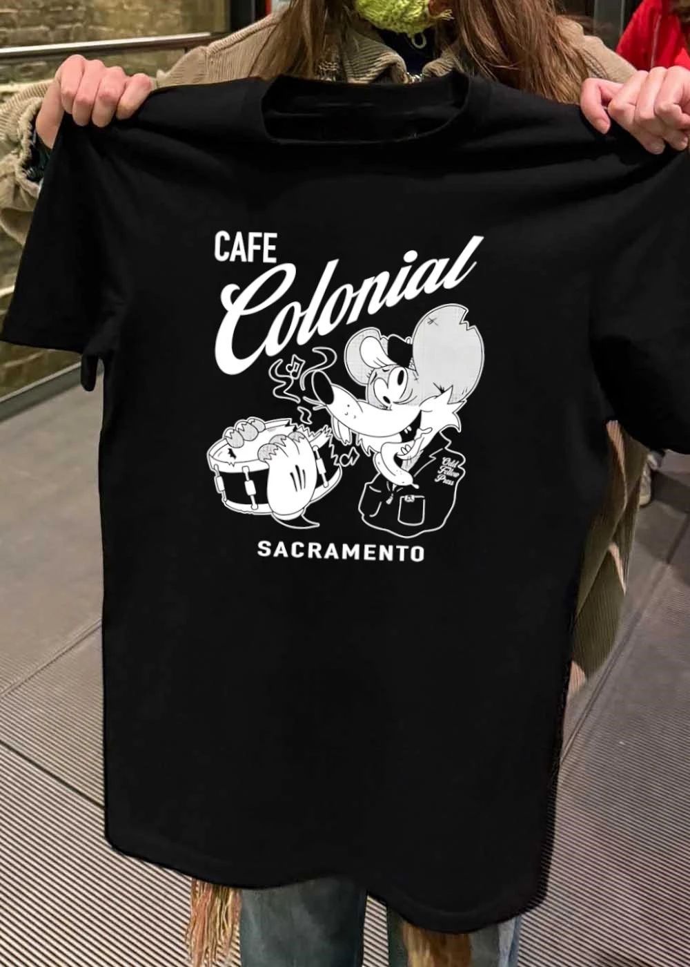 Odd Fellow Press Cafe Colonial Sacramento Mouse Playing Drum T-Shirt