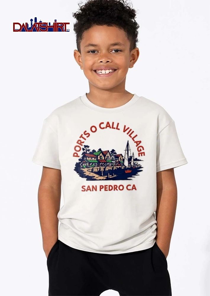 Ports O Call Village San Pedro CA Vintage Waterfront Buildings Sailboat Dock Harbor Illustration shirt