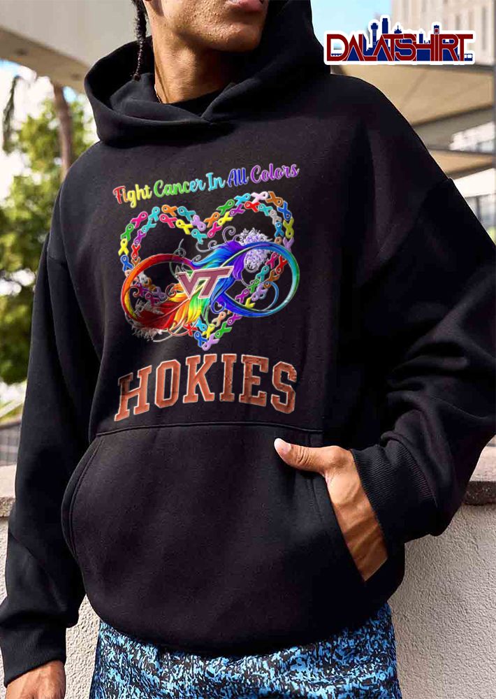 Virginia Tech Hokies NCAA Fight Cancer In All Colors Rainbow Infinity Feather Ribbon Heart shirt