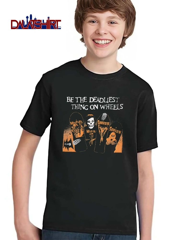 Plan 9 Misfits Samhain Be The Deadliest Thing On Wheels Skeleton Hands Holding Skateboard Decks shirt
