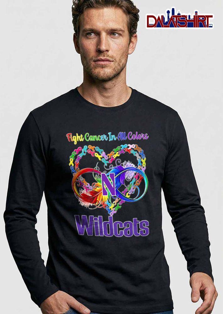 Northwestern Wildcats NCAA Fight Cancer In All Colors Rainbow Infinity Feather Awareness Ribbons Heart shirt
