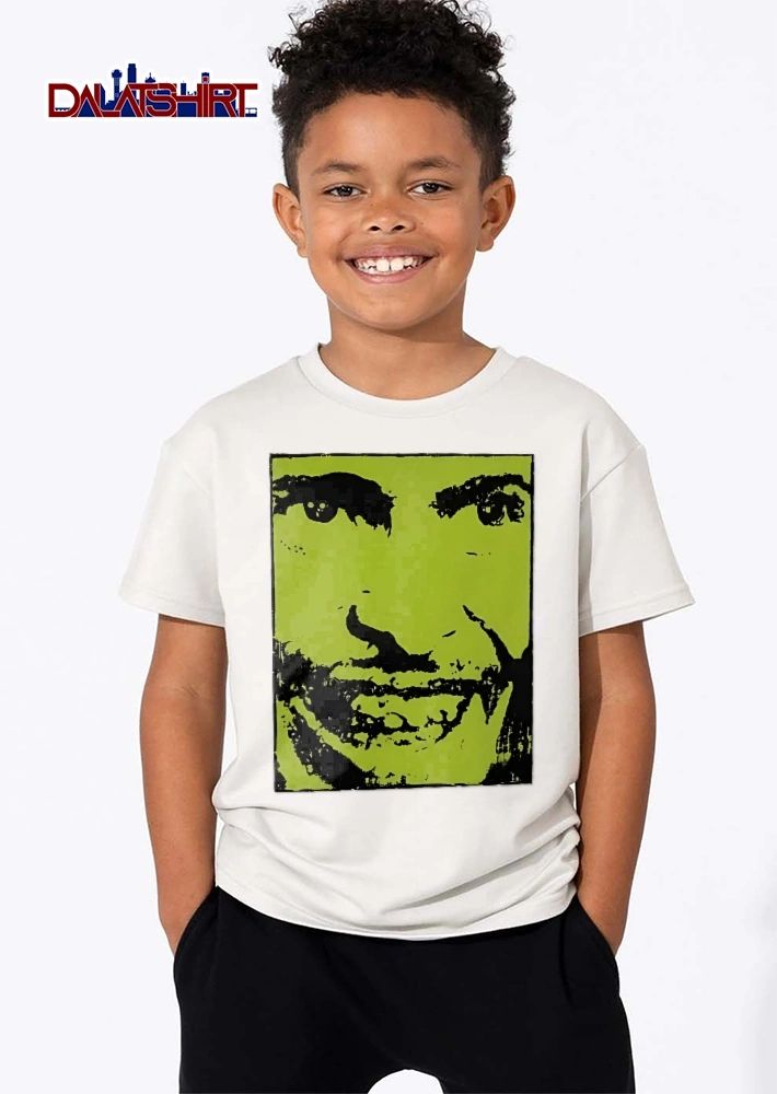 Lime Green Black High Contrast Close Up Smiling Face Screen Print Portrait shirt
