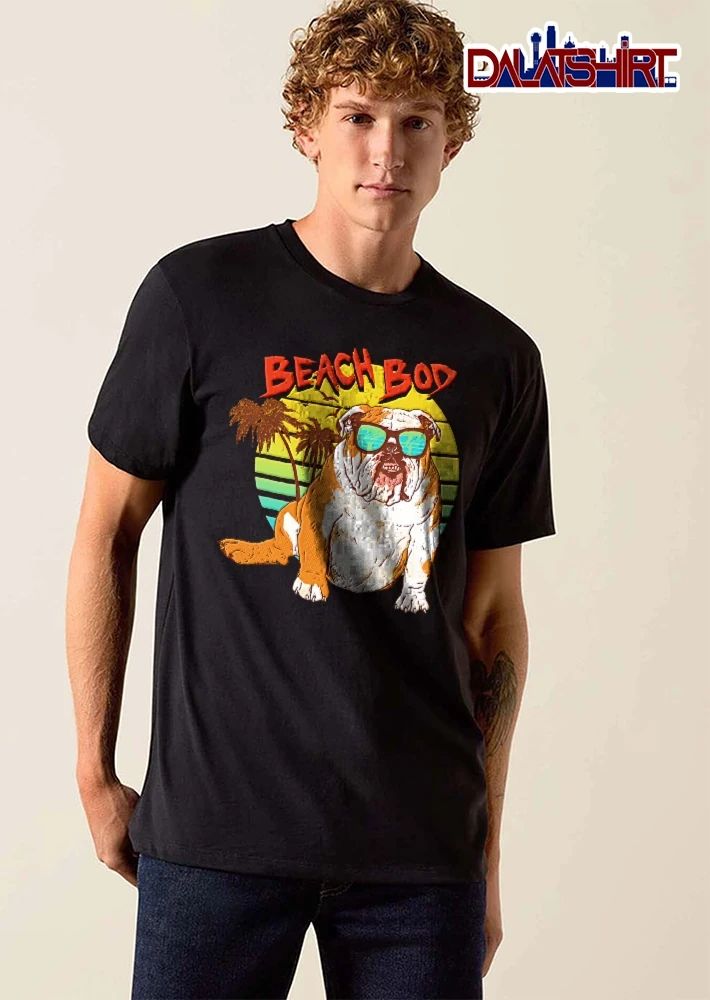 Beach Bod English Bulldog Sunglasses Palm Trees Retro Sunset Cartoon shirt
