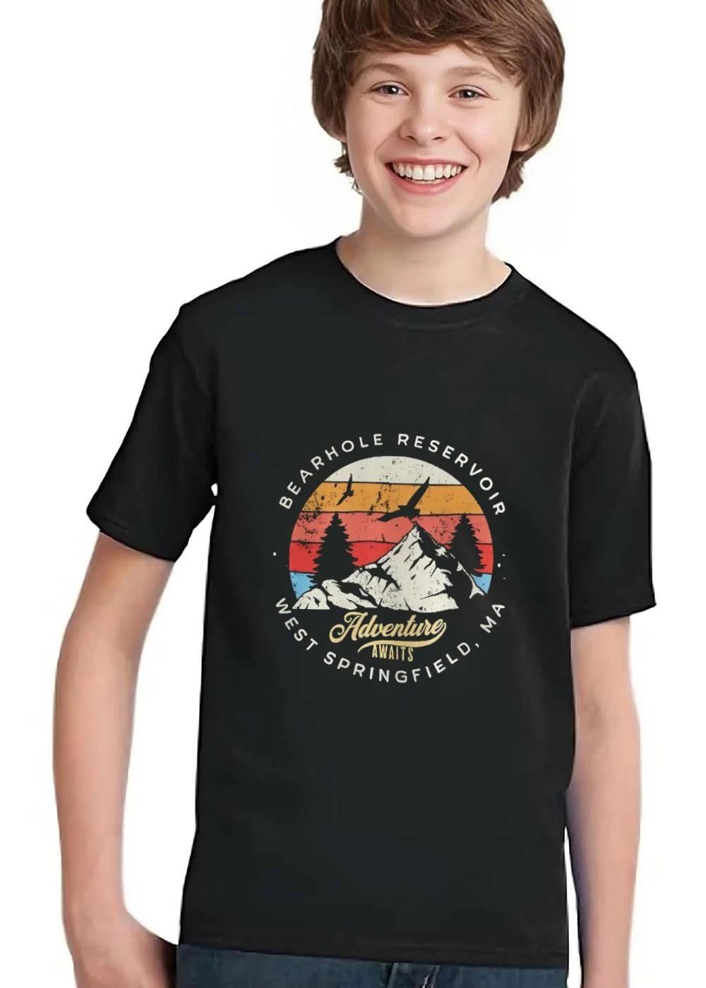 Bearhole Reservoir Adventure Awaits West Springfield Ma Distressed Retro Sunset Mountain Trees shirt